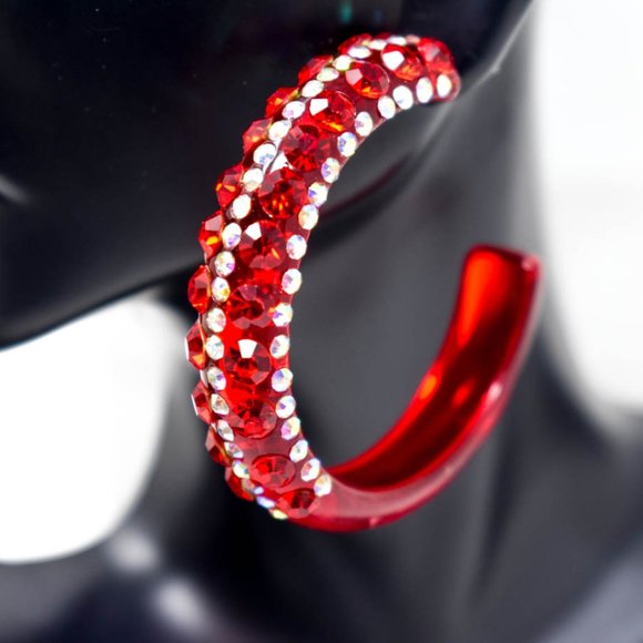 2" Clear Red AB/Red Lucite Rhinestone Hoop Earring - Picture 10 of 11